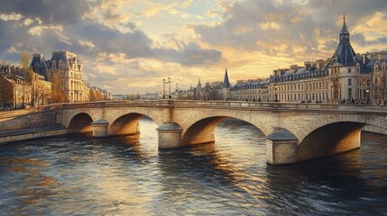 Obraz premium A grand stone bridge, crossing a wide river in a European city, with historical buildings lining the riverbank