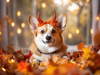 Corgi dog with devil horns headband surrounded by autumn decorations at home