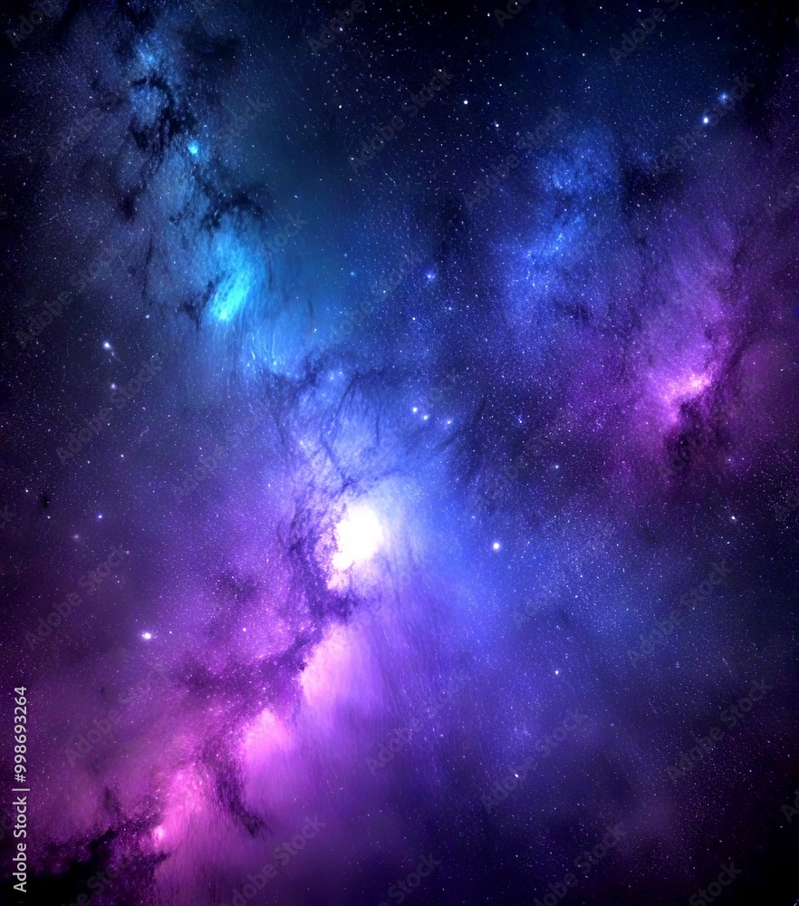 Poster a captivating view distant galaxy, showcasing a vibrant display of purple and blue hues against a da