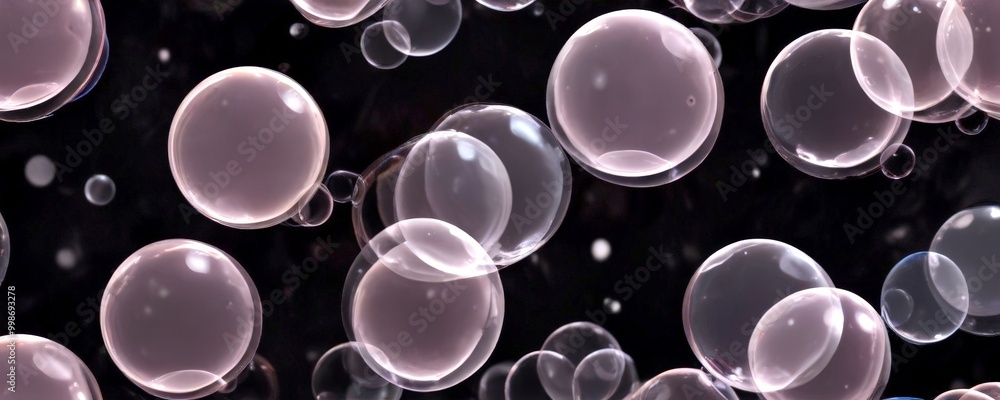 Poster A close-up view of numerous transparent bubbles floating against a dark background, creating a visually striking and abstract composition