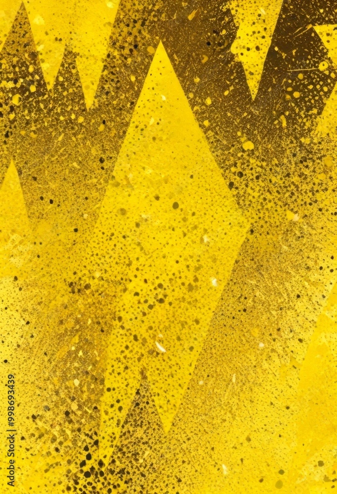 Poster a striking abstract composition of overlapping triangles and rectangles in varying shades of yellow and black, creating a dynamic and textured visual effect