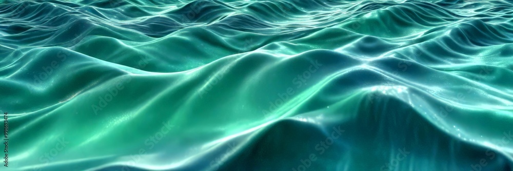 Poster a serene, wavy ocean surface with a gradient of green and blue hues, creating a sense of movement an