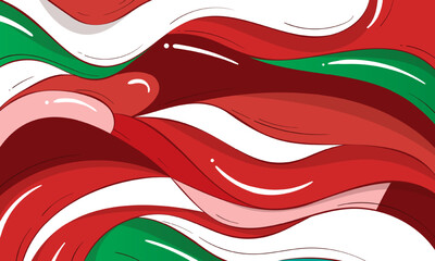 Red white and green background with waving shapes in cartoon design
