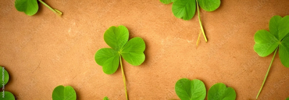 Poster a close-up view of green shamrock leaves arranged in a pattern on a brown background