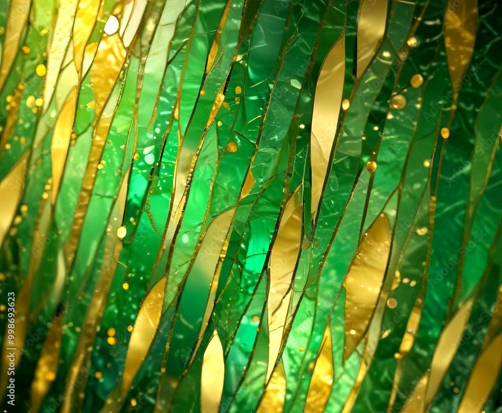 Poster a close-up view mosaic made of green and gold tiles, with a textured and reflective surface