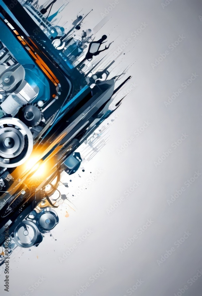 Poster a vibrant abstract composition of various shapes and colors, including metallic elements, organic forms, and dynamic lines, creating a visually striking and dynamic scene
