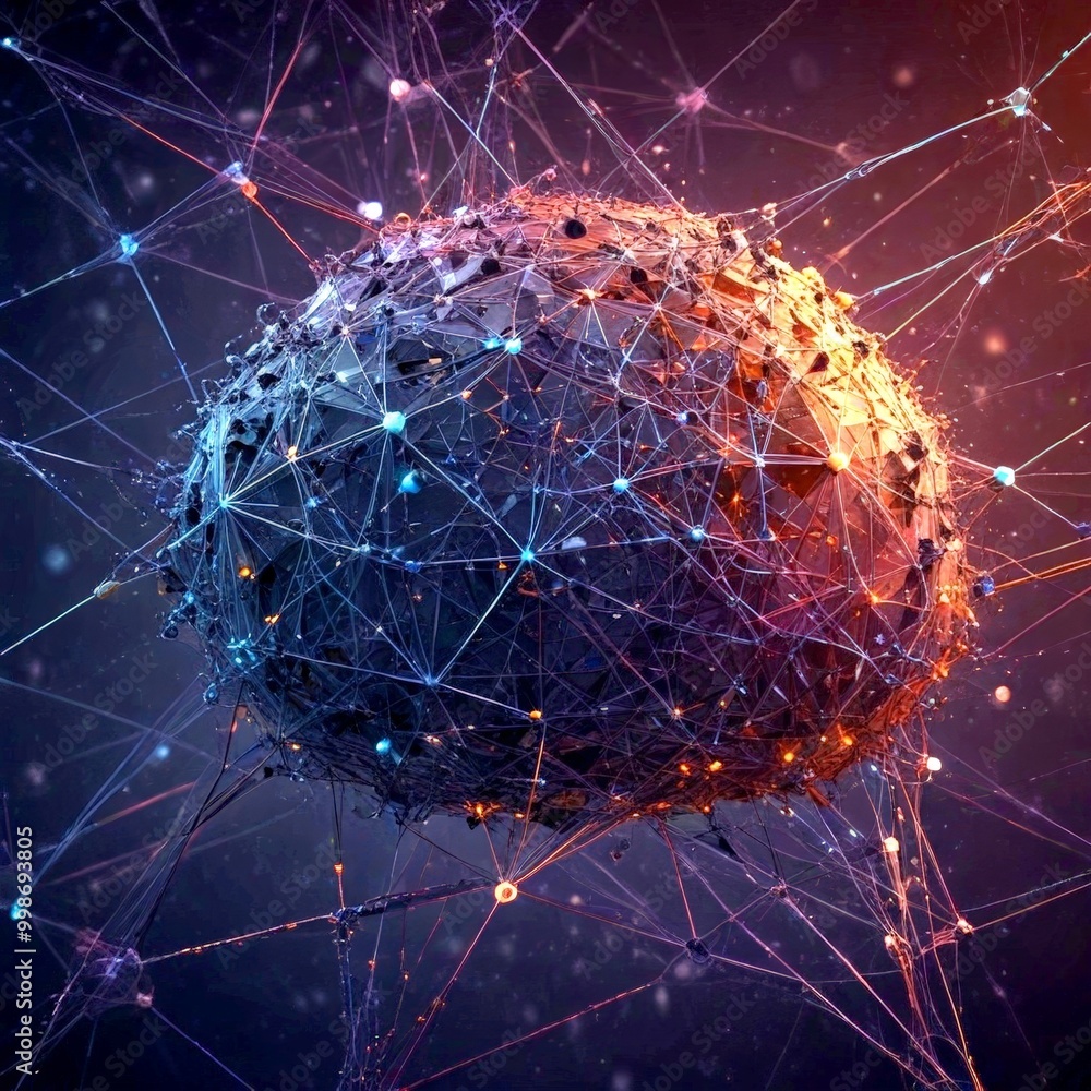 Poster a complex, abstract sphere composed of numerous interconnected lines and dots, creating a visually striking and intricate pattern against a dark background