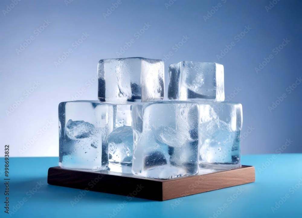 Poster a stack of clear, rectangular ice cubes rests on a wooden base against a blue background