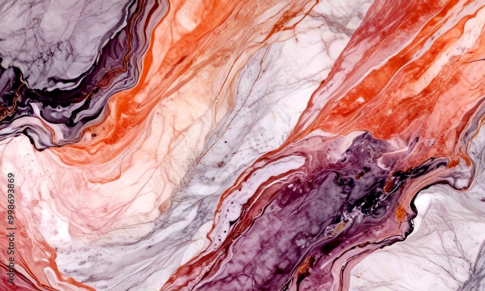Poster a marble surface with a swirling pattern of pink, orange, and white marble, creating a dynamic and abstract visual effect