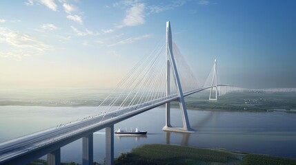 Obraz premium A long cable-stayed bridge, crossing a wide, deep river in a coastal region, with a ship passing beneath