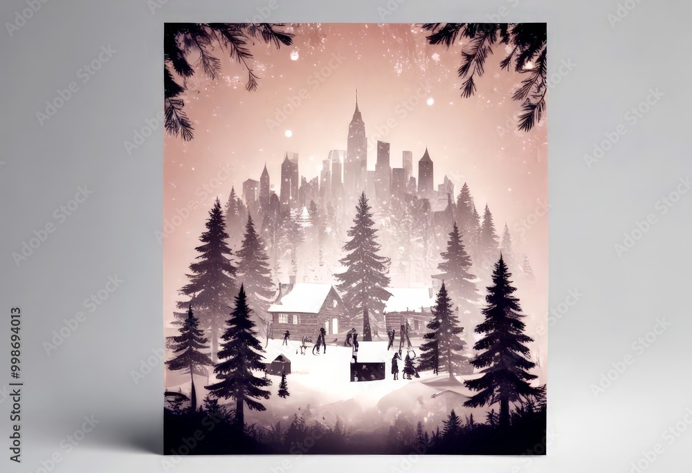 Poster a winter scene with a snowy cityscape and a group of people in the foreground, framed by pine trees 