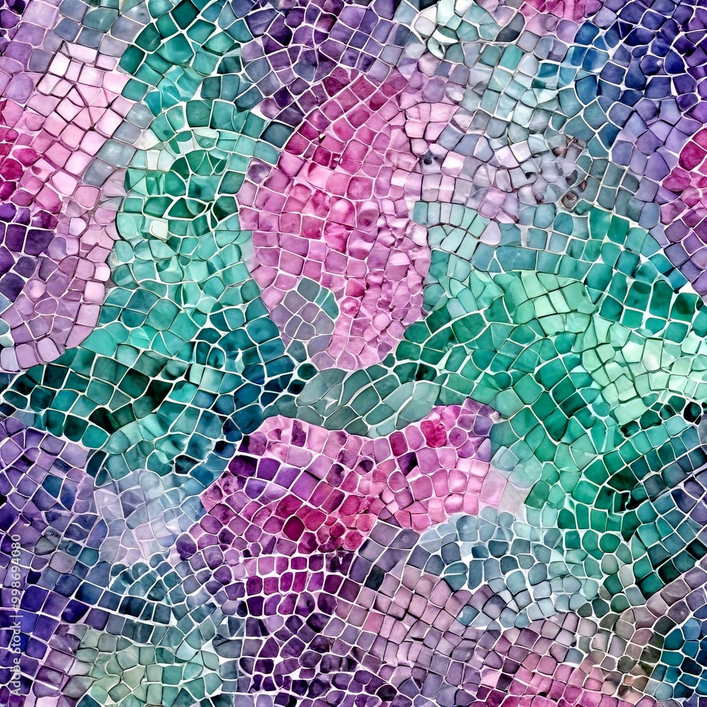 Poster a mosaic pattern composed of small square tiles in various shades of green, purple, and pink, arrang