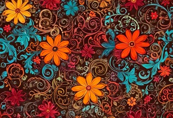 a vibrant and intricate floral pattern with a variety of flowers in shades of orange, red, and blue, interspersed with swirling and curving elements in brown, green, and blue