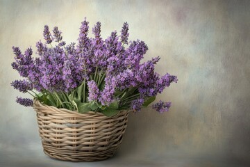 Lavender bouquet in rustic wicker basket on vintage background