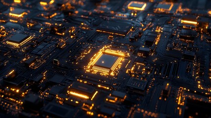 A highly detailed, high-resolution image of an advanced microprocessor circuit board with yellow glowing lights on a dark blue background. The intricate patterns and textures showcase the precision en