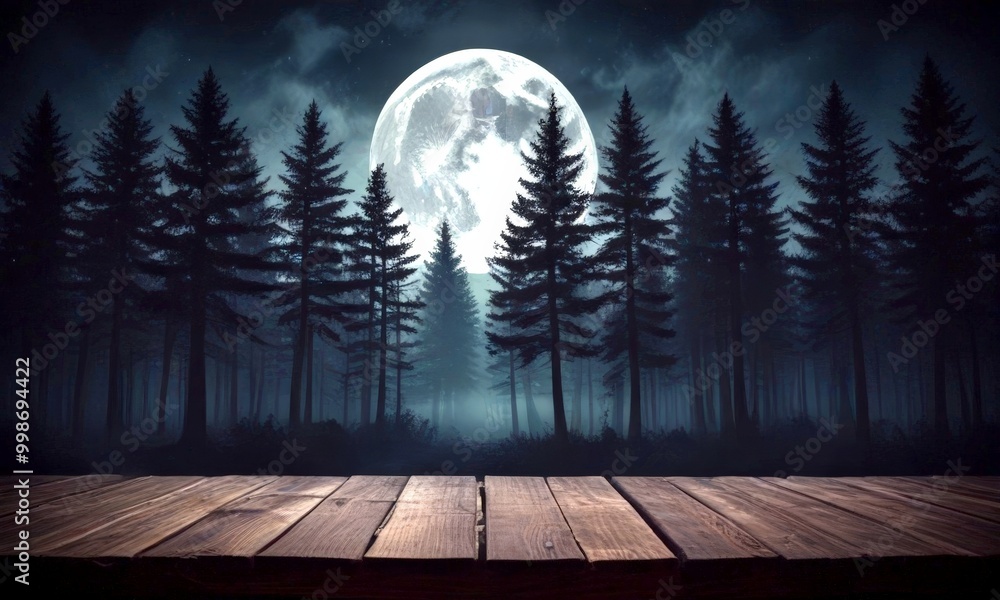 Poster a full moon shines brightly over a dense forest, casting an ethereal glow on the towering pine trees