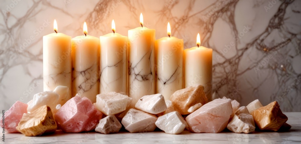 Poster a row of six white candles with black and gray marble patterns is lit, accompanied by various crysta