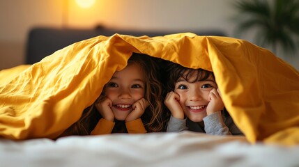 Children peeking from under the blanket, cozy and warm moment