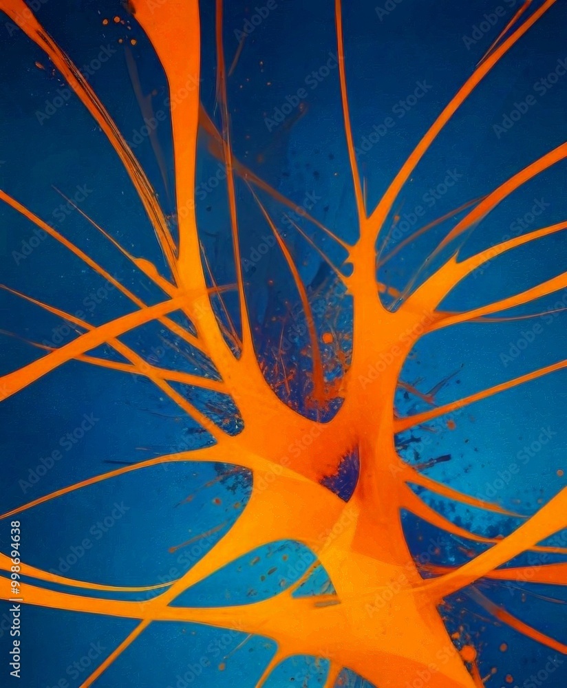 Poster an abstract representation tree with orange and blue splashes, creating a dynamic and visually strik