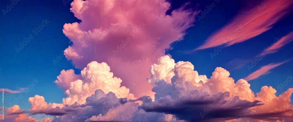 Poster a vibrant sky filled with fluffy white clouds in shades of pink and blue, with a few wispy clouds an