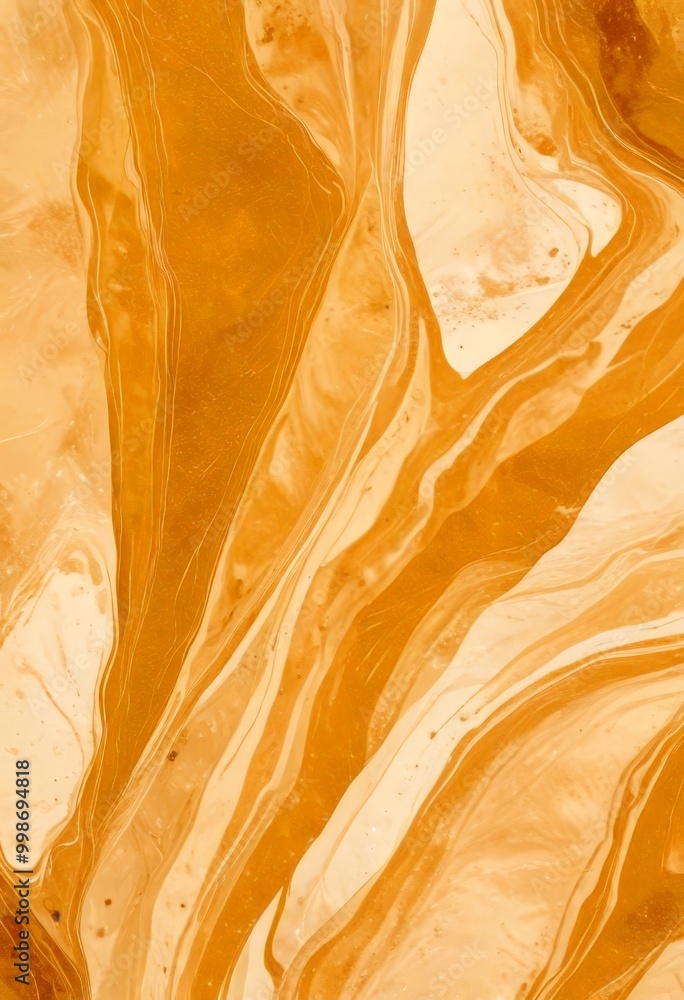 Poster a close-up view marble-like surface with a swirling pattern of light and dark brown hues, resembling the natural texture of marble