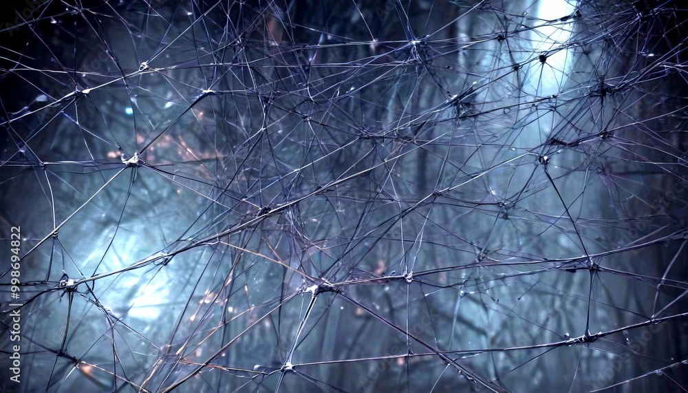Poster a dense, intricate network of thin, dark branches and twigs, creating a complex and tangled web-like