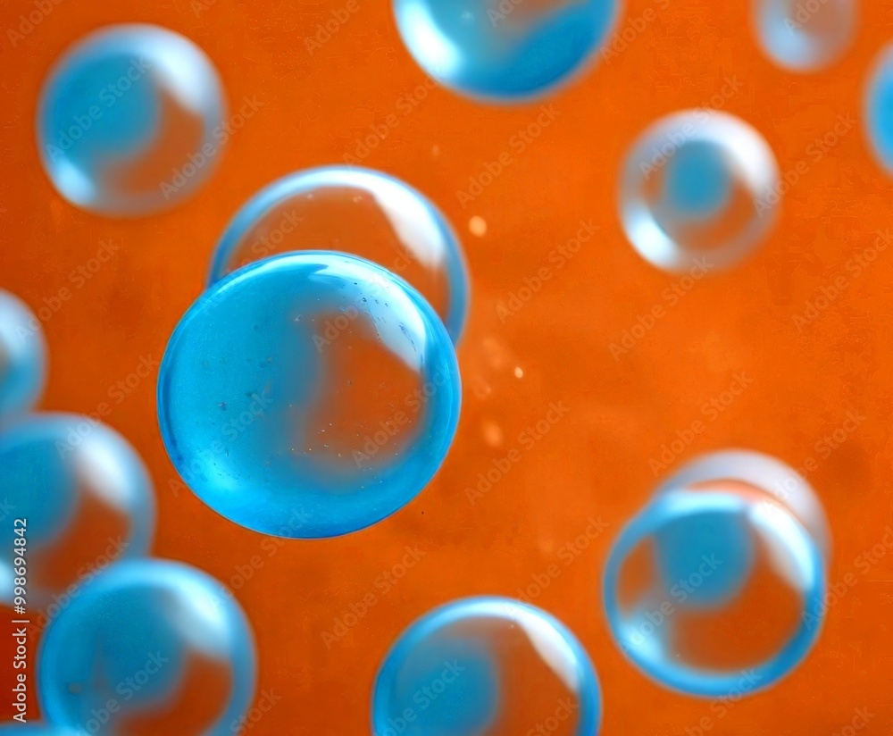 Aufkleber a close-up view of numerous blue spheres floating in a light orange background, creating a sense of depth and movement