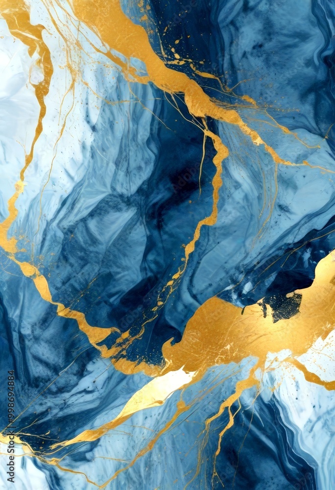 Fototapete an abstract marble-like pattern with blue and gold hues, creating a sense of movement and depth