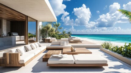 Fototapeta premium A luxurious beachfront villa with panoramic ocean views, featuring a sleek patio lounge with modern furniture, creating the perfect seaside escape