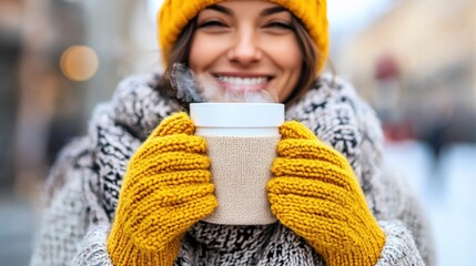 Smiling woman enjoying hot beverage in winter