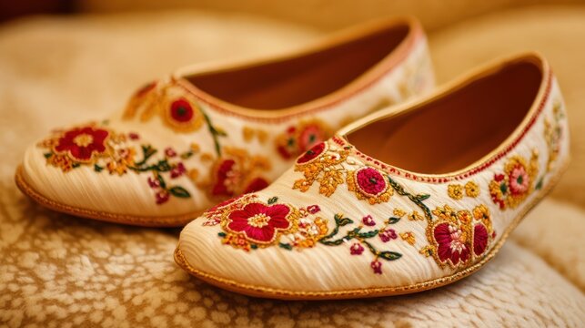 Elegant handcrafted jutti shoes with intricate floral embroidery for spring