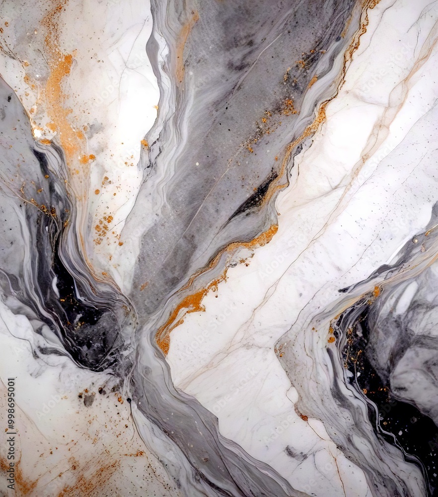 Poster a marble surface with a swirling pattern of gray, white, and gold colors, creating a sense of movement and depth