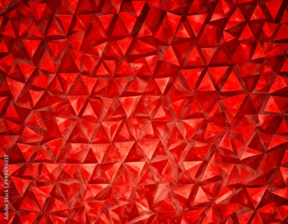 Poster a close-up view red, triangular pattern composed of numerous small triangles arranged in a grid-like
