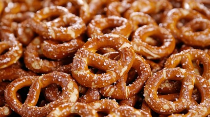 Close-up of golden baked salted pretzels