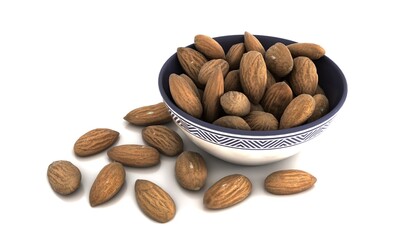 Almonds in a white bowl on white background. Shelled, raw, whole and dried nuts, botanically drupes, seeds and fruits of Prunus dulcis.