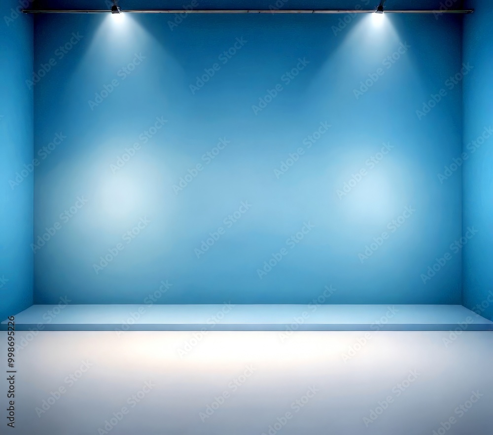 Poster An empty room with a blue wall and a white floor, illuminated by two spotlights on either side track