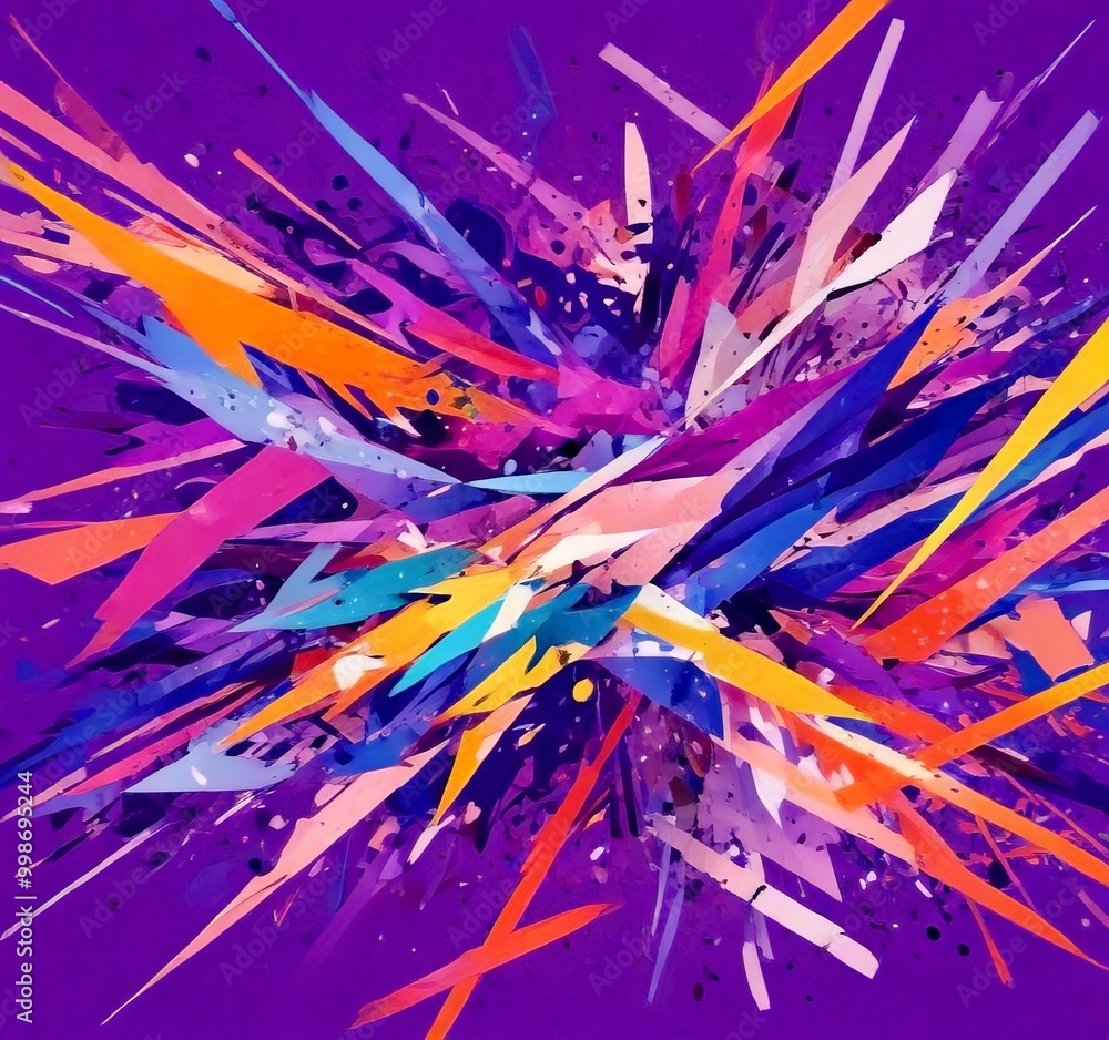 Aufkleber an abstract painting featuring a vibrant explosion of intersecting lines and shapes in various colors, including purple, orange, yellow, and blue, against a