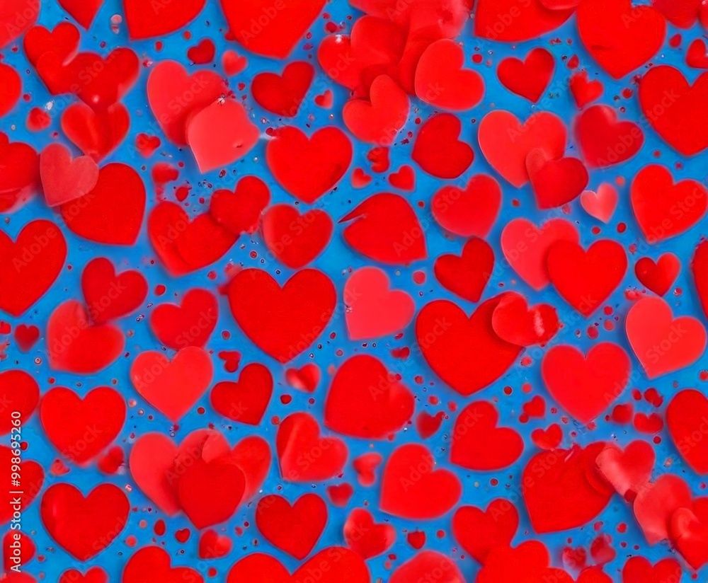 Leinwandbilder a pattern of red heart-shaped objects scattered across a blue background