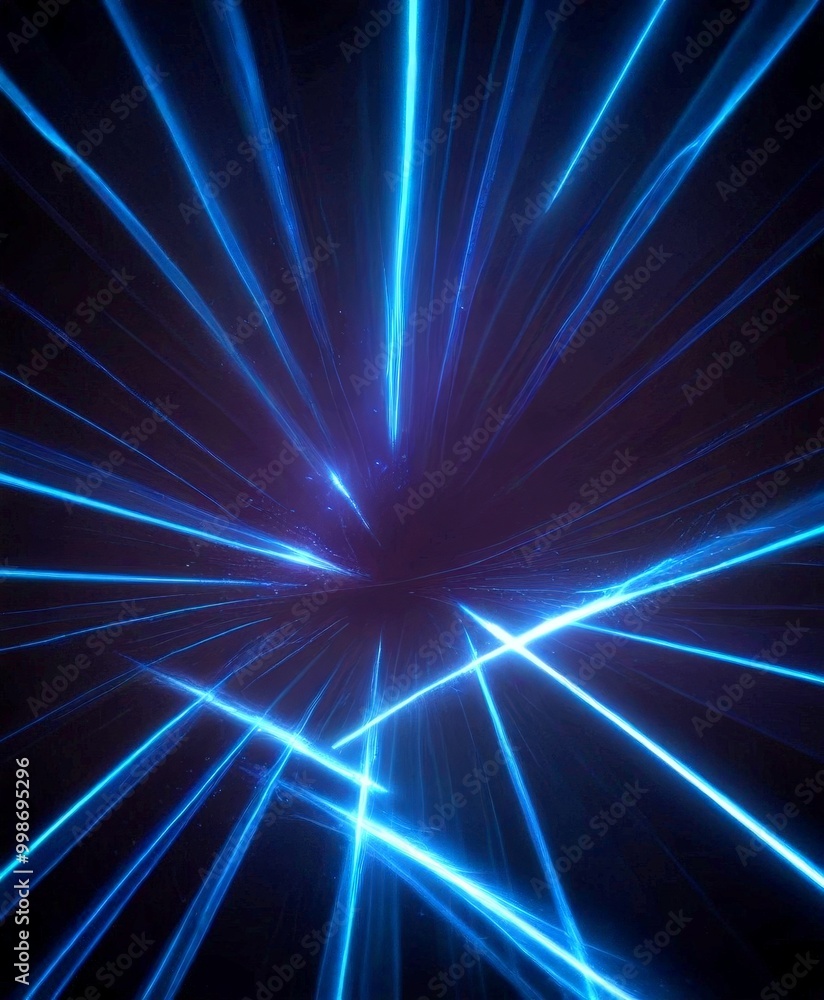 Poster a captivating abstract scene of blue and white laser beams radiating outwards from a central point, 