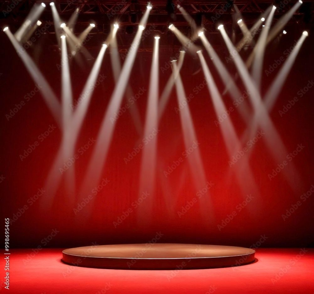 Aufkleber a circular stage with a dark brown top sits in the center red-painted stage, illuminated by a series