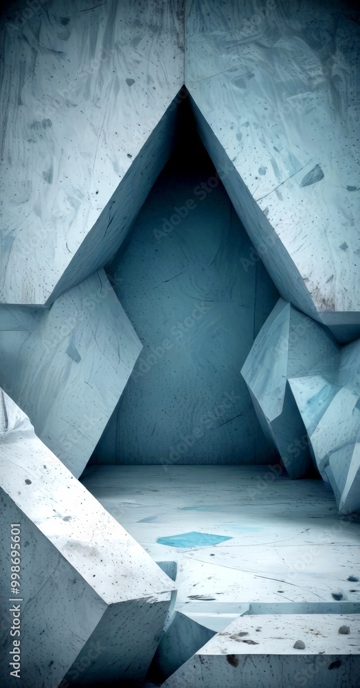Poster a minimalist, geometric interior space with a concrete floor and walls, featuring a triangular forma