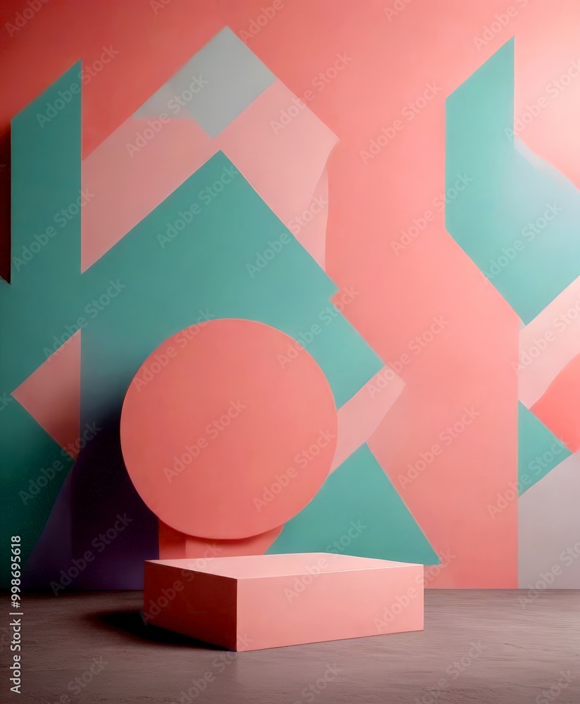 Aufkleber A minimalist geometric composition with a pink and blue color palette, featuring a white rectangular platform in the foreground and a geometric pattern in the background