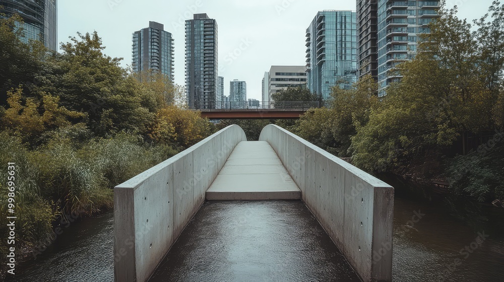 Wall mural a minimalist concrete bridge, crossing a narrow river in an urban environment, with modern buildings