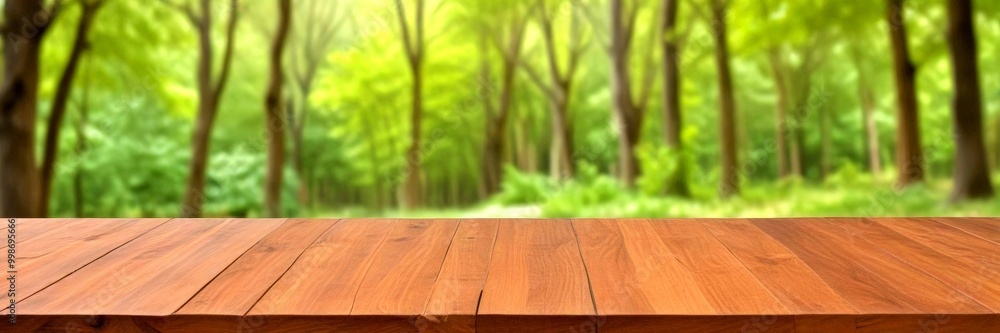 Poster A wooden table sits in the foreground, its surface reflecting the surrounding lush greenery dense forest The blurred trees in the background create a serene and