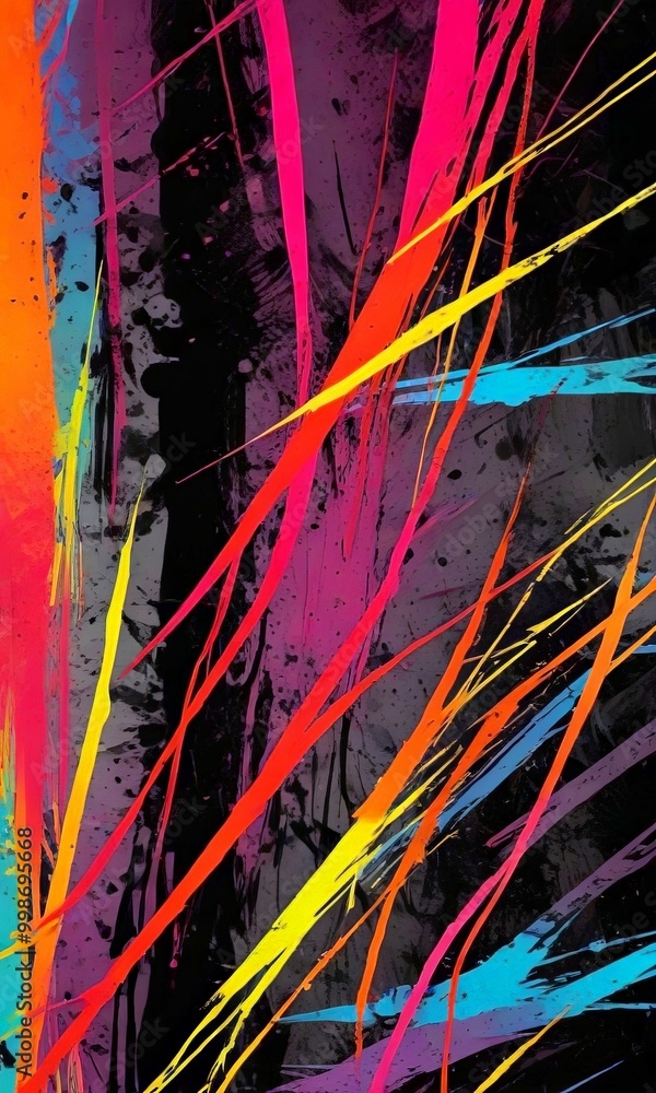 Poster a vibrant abstract composition with bold, intersecting lines in a variety of bright colors including red, orange, yellow, and blue, creating a dynamic and energetic visual effect
