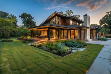 Obraz premium Modern, single family home exterior at twilight, featuring lush landscaping and a manicured lawn