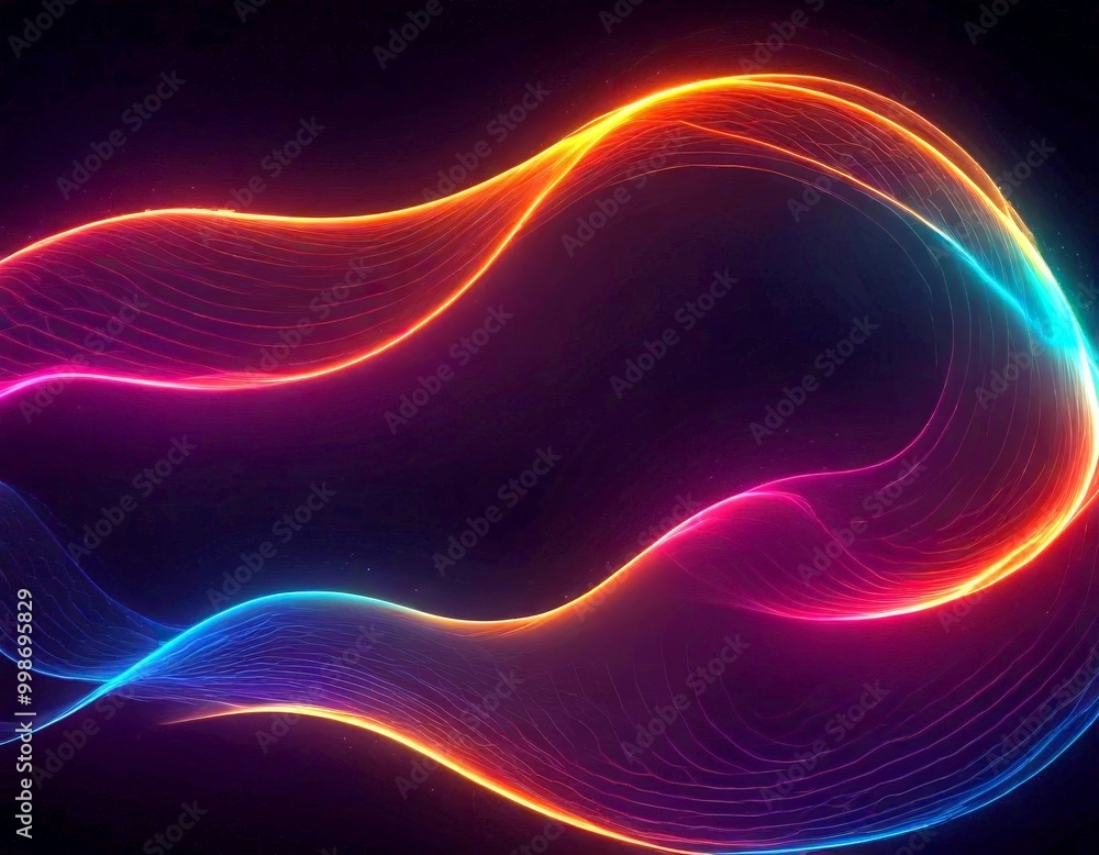 Poster a vibrant abstract design with a wave-like pattern of glowing lines and colors, including orange, bl