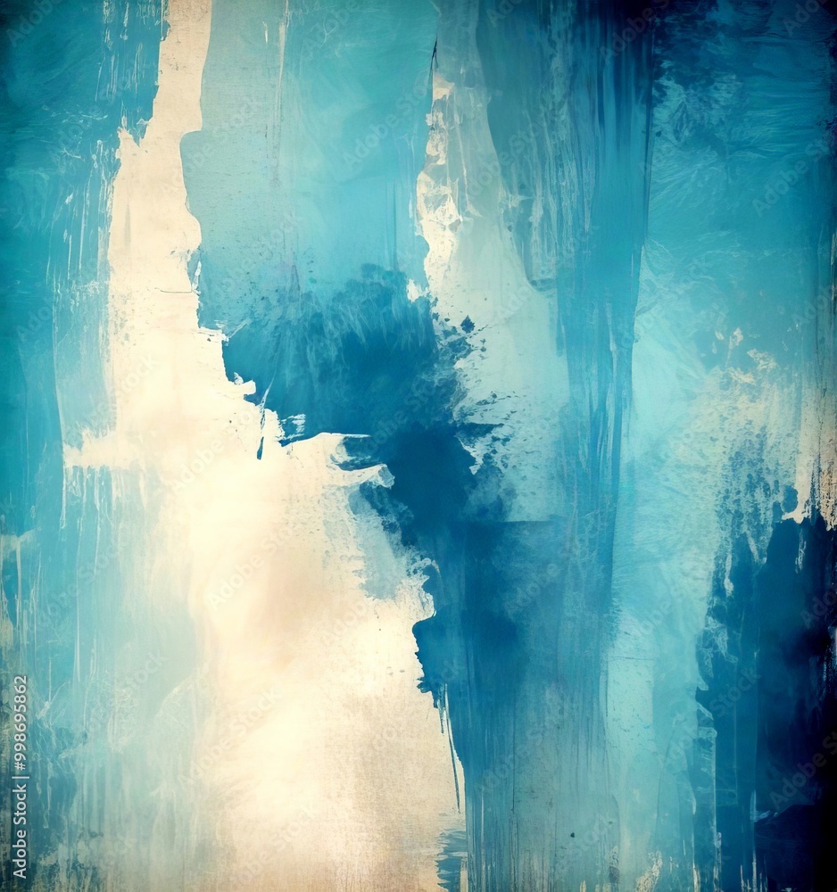 Poster an abstract painting with a blue and white color palette, featuring brushstrokes in various directio