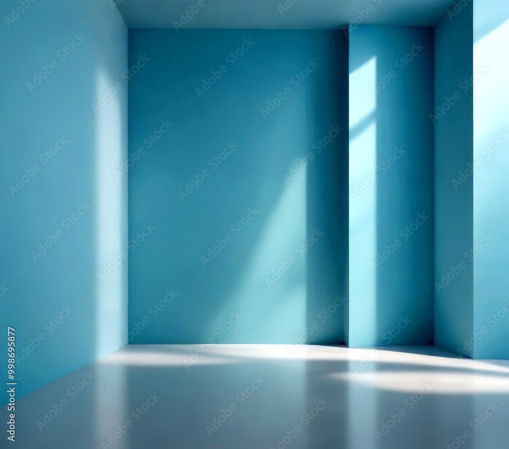 Poster an empty room with light blue walls and a white floor, illuminated by sunlight streaming in from a w