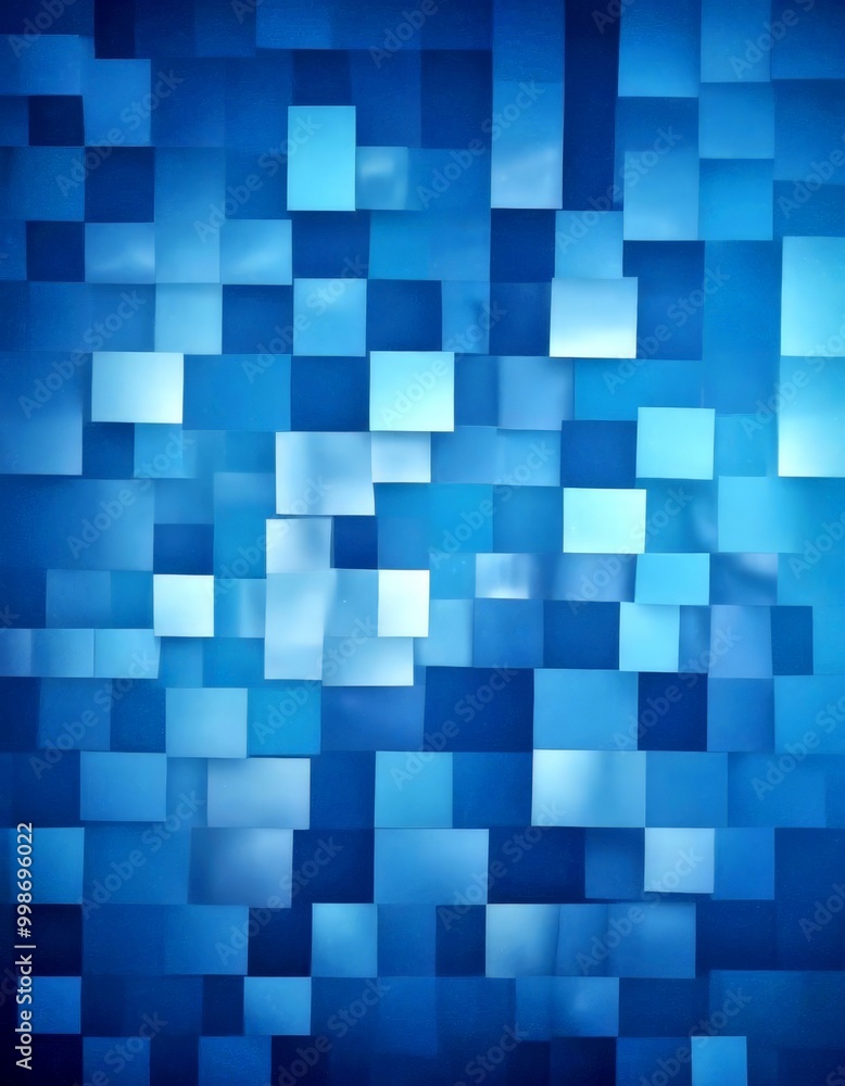 Poster a blue and white abstract pattern composed of numerous small square tiles arranged in a grid-like fashion The tiles vary in shades of blue and white, creating a visually